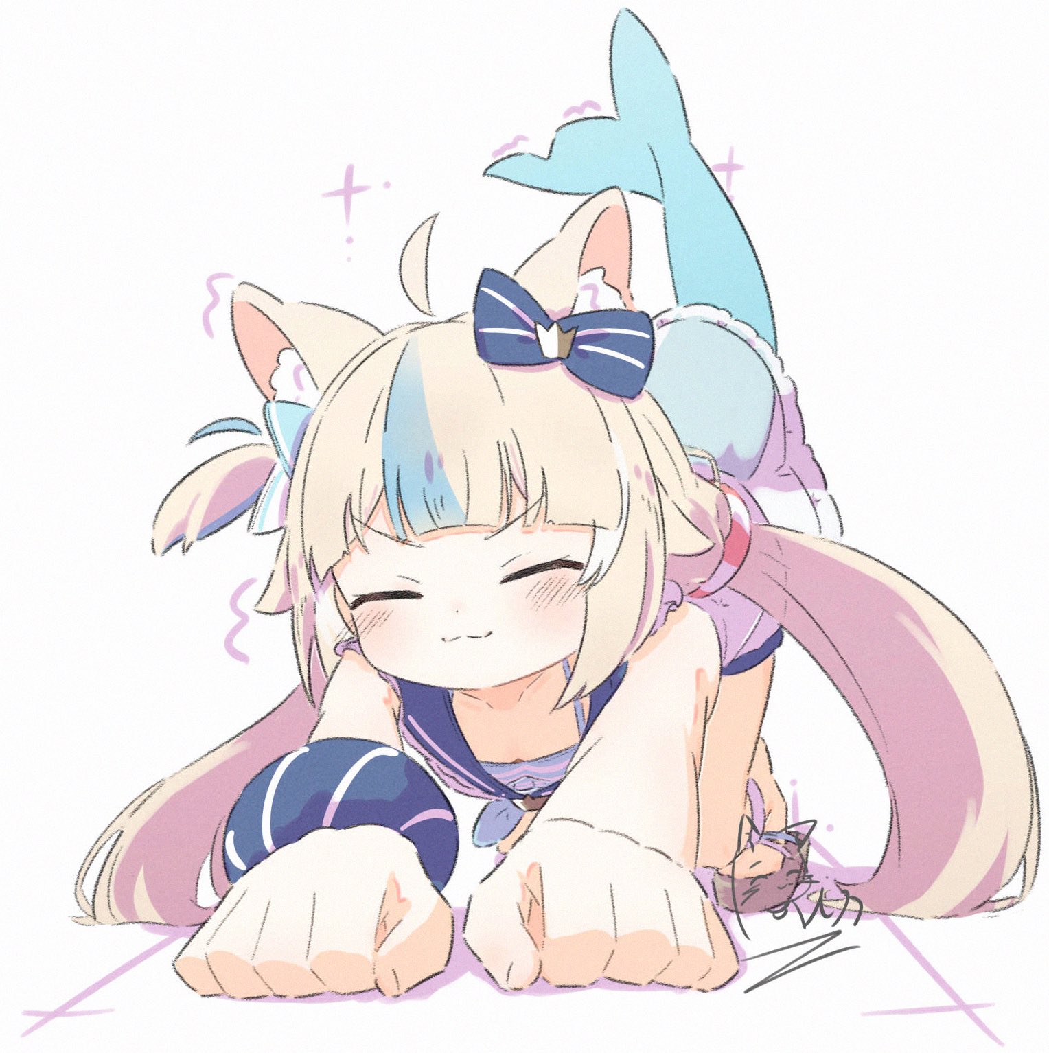 inaririn, sameko saba, indie virtual youtuber, highres, 1girl, :3, ahoge, all fours, animal ear fluff, animal ears, blonde hair, blue hair, blue sailor collar, blush, bow, cat ears, cat tail, closed eyes, closed mouth, dress, fins, fish tail, hair bow, long hair, multicolored hair, sailor collar, shark tail, simple background, smile, solo, streaked hair, tail, twintails, v-shaped eyebrows, virtual youtuber, white background