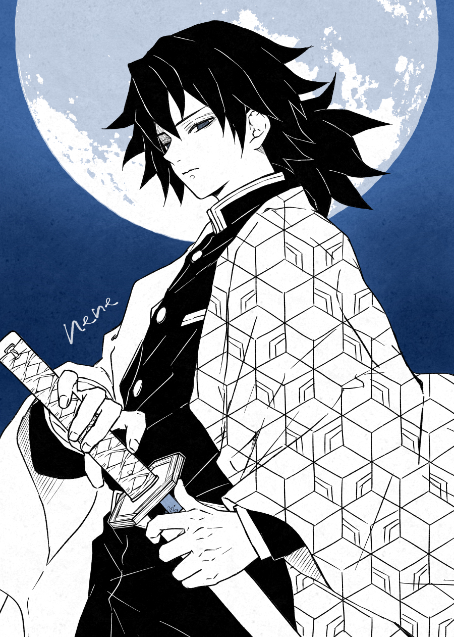 neenee e, tomioka giyuu, kimetsu no yaiba, highres, 1boy, artist name, black hair, black jacket, black pants, blue sky, buttons, closed mouth, cowboy shot, demon slayer uniform, empty eyes, half-closed eyes, haori, holding, holding sword, holding weapon, jacket, japanese clothes, katana, kikkoumon, looking at viewer, low ponytail, male focus, moon, pants, ponytail, print haori, sky, solo, spiked hair, sword, weapon