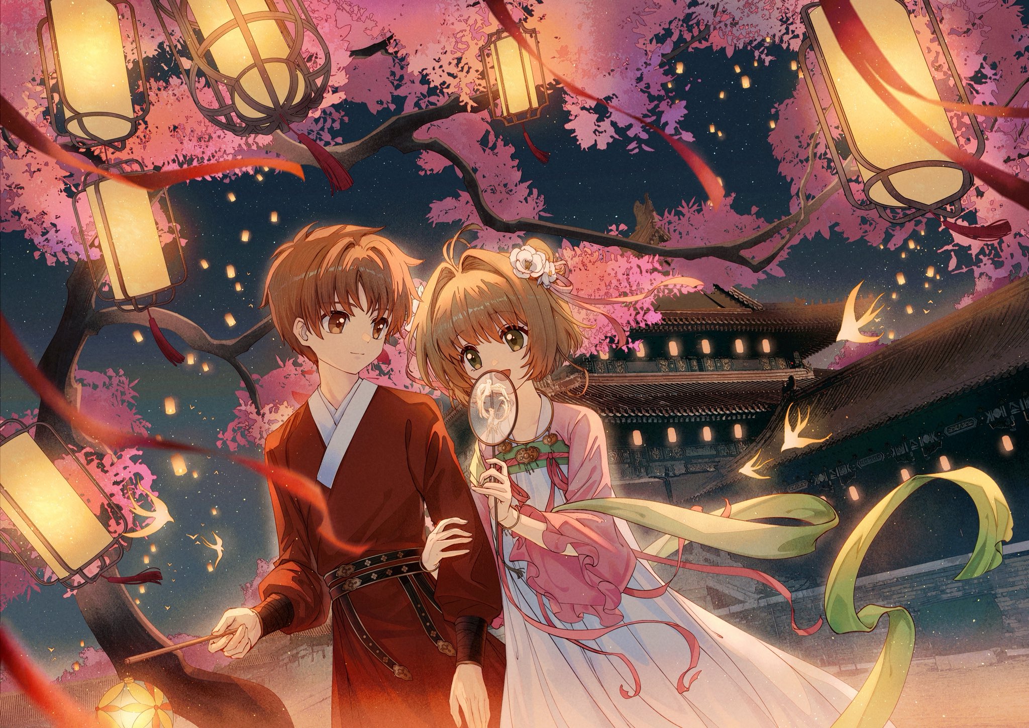so tsubasa, kinomoto sakura, li syaoran, cardcaptor sakura, commentary, highres, 1boy, 1girl, :d, antenna hair, brown eyes, brown hair, closed mouth, dress, green eyes, japanese clothes, kimono, long sleeves, night, open mouth, outdoors, pink kimono, red kimono, short hair, smile, standing, tanabata, white dress, wide sleeves