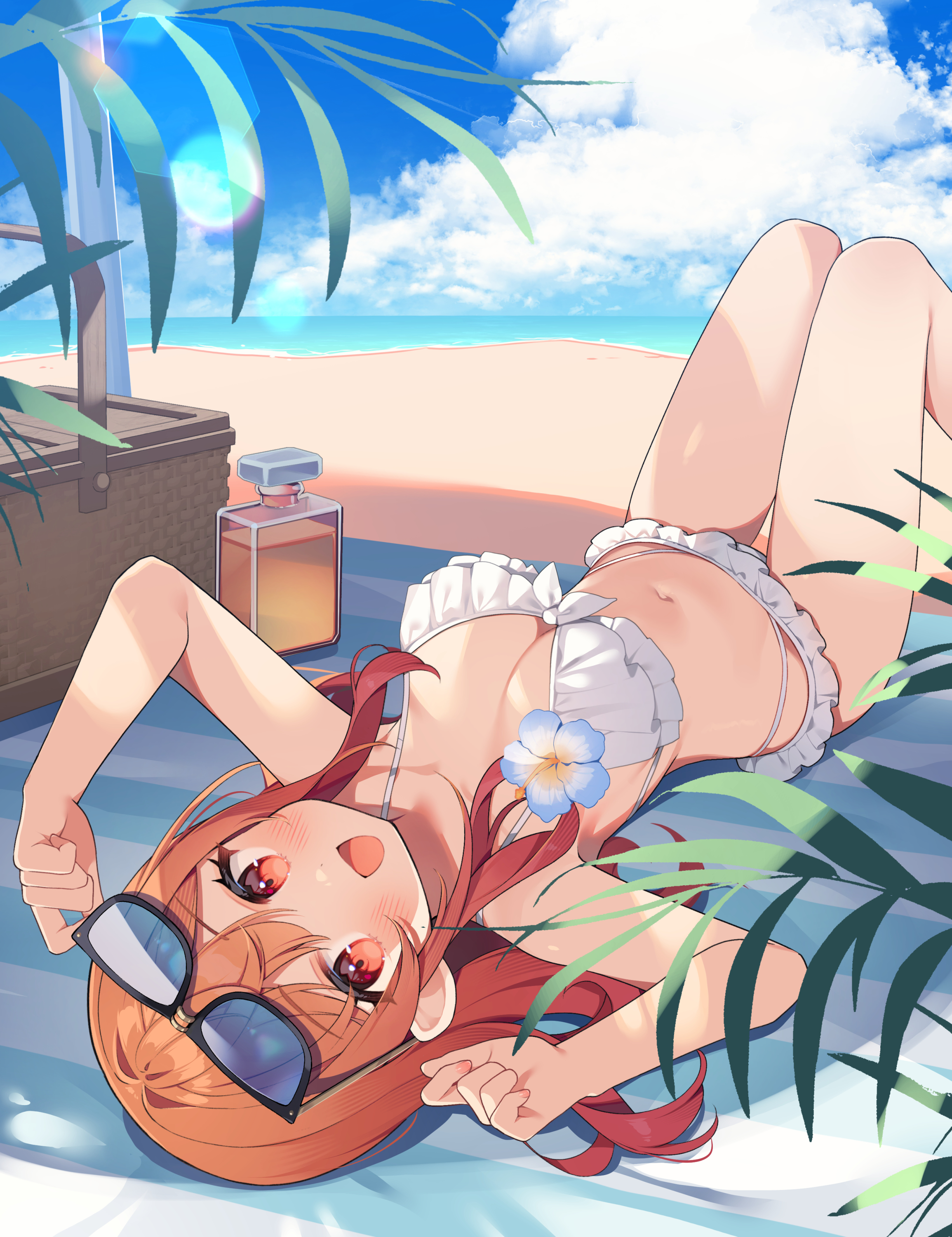 nyasunyadoora, ichijou ririka, hololive, hololive dev is, absurdres, commentary request, highres, 1girl, :d, beach, bikini, blue sky, blush, breasts, cleavage, cloud, day, eyewear on head, feet out of frame, frilled bikini, frills, knees up, large breasts, long hair, looking at viewer, lying, navel, on back, open mouth, orange hair, outdoors, red eyes, sky, smile, solo, sunglasses, swimsuit, virtual youtuber, white bikini