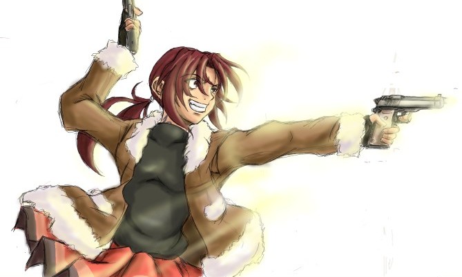 azu (warehouse86), revy (black lagoon), black lagoon, 00s, 1girl, dual wielding, female focus, gun, handgun, hands on own hips, holding, pistol, skirt, solo, weapon