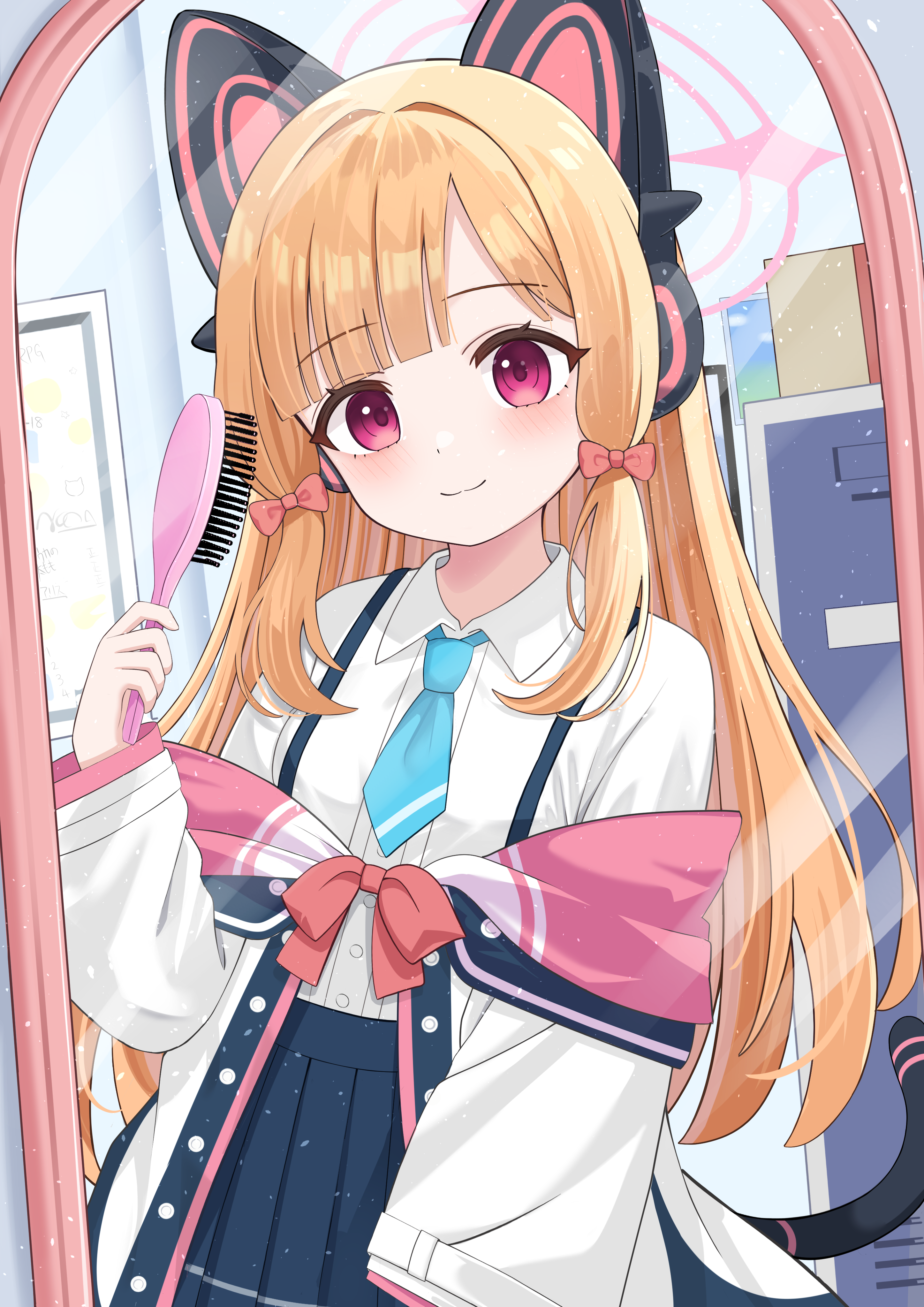 aoraine, momoi (blue archive), blue archive, absurdres, commentary request, highres, 1girl, alternate hair length, alternate hairstyle, animal ear headphones, animal ears, black skirt, blonde hair, blue necktie, blunt bangs, blush, bow, cat ear headphones, closed mouth, collared shirt, comb, cowboy shot, fake animal ears, hair bow, headphones, holding, holding comb, jacket, long hair, long sleeves, looking at viewer, mirror, necktie, off shoulder, pleated skirt, red bow, red eyes, shirt, skirt, smile, solo, white jacket, white shirt