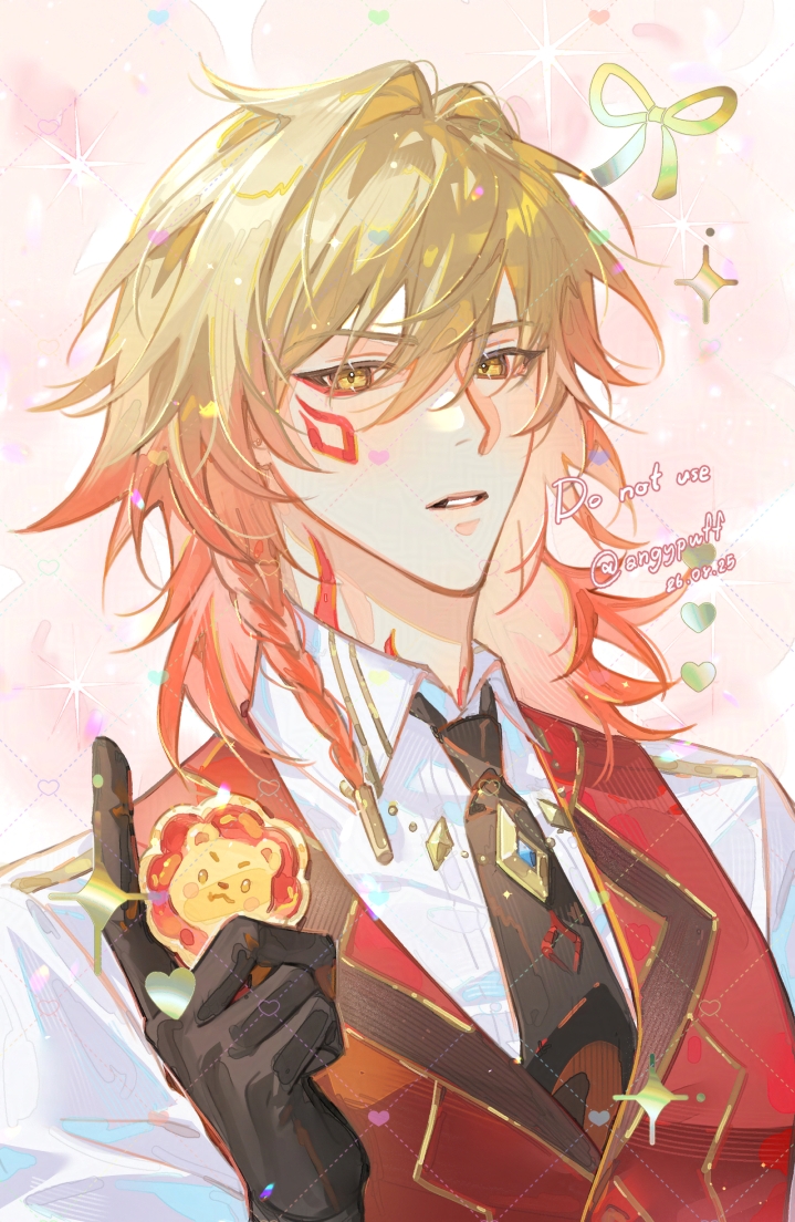 angypuff, mydei (honkai: star rail), honkai: star rail, honkai (series), commentary, 1boy, alternate costume, black gloves, black necktie, blonde hair, braid, collared shirt, facial tattoo, gloves, gradient hair, hair between eyes, male focus, medium hair, multicolored hair, necktie, parted lips, red hair, red tattoo, red vest, shirt, side braid, solo, tattoo, twitter username, vest, watermark, white shirt, yellow eyes