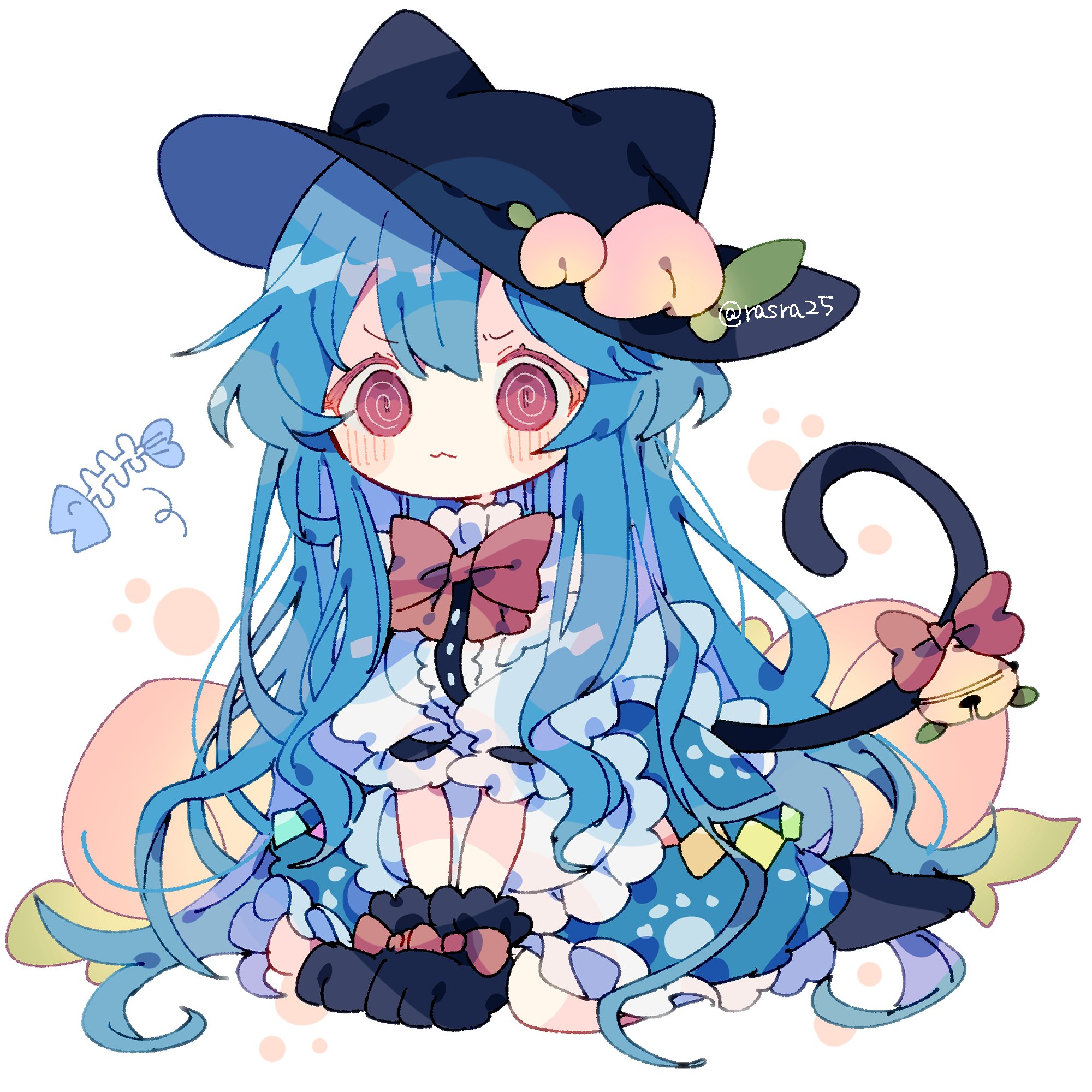 nikorashi-ka, hinanawi tenshi, touhou, commentary, highres, 1girl, :3, @ @, animal ear headwear, animal ears, animal hands, bell, black gloves, black shoes, blue hair, blue skirt, blush stickers, bow, bowtie, cat ears, cat tail, closed mouth, double-parted bangs, fake animal ears, frilled skirt, frills, full body, gloves, jingle bell, kemonomimi mode, long hair, long sleeves, paw gloves, red bow, red bowtie, red eyes, shirt, shoes, simple background, sitting, skirt, solo, tail, tail bell, tail bow, tail ornament, white background, white shirt