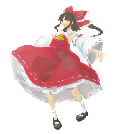 shikai (iesiki 56), hakurei reimu, mountain of faith, touhou, lowres, 1girl, bobby socks, brown eyes, brown hair, female focus, full body, looking at viewer, mary janes, outstretched arms, ponytail, ribbon-trimmed sleeves, ribbon trim, shikai, shoes, sidelocks, simple background, socks, solo, white background, white socks