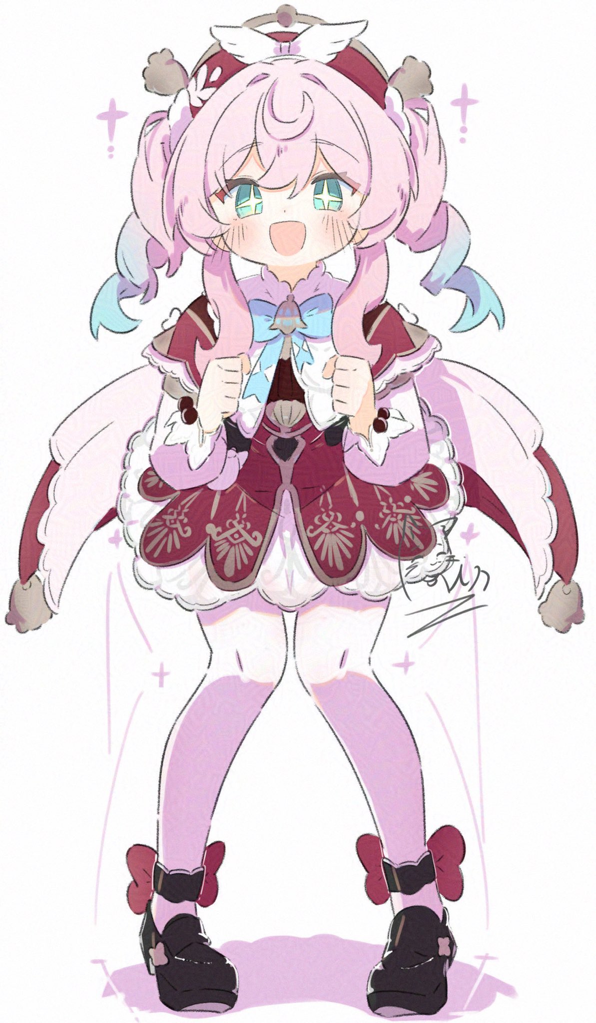 inaririn, hyacine (honkai: star rail), honkai: star rail, honkai (series), adversarial noise, highres, + +, 1girl, aqua eyes, blue eyes, blush, bow, clenched hands, dress, full body, hat, long sleeves, looking at viewer, multicolored hair, open mouth, pantyhose, pink hair, shoes, simple background, smile, solo, standing, twintails, white background, white pantyhose