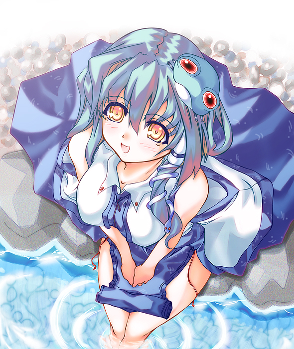 hase nanase, kochiya sanae, touhou, 1girl, :o, asymmetrical hair, blue hair, brown eyes, detached sleeves, female focus, frog hair ornament, from above, hair ornament, long hair, long sleeves, looking afar, looking up, nontraditional miko, outdoors, parted lips, river, rock, snake hair ornament, soaking feet, solo, water