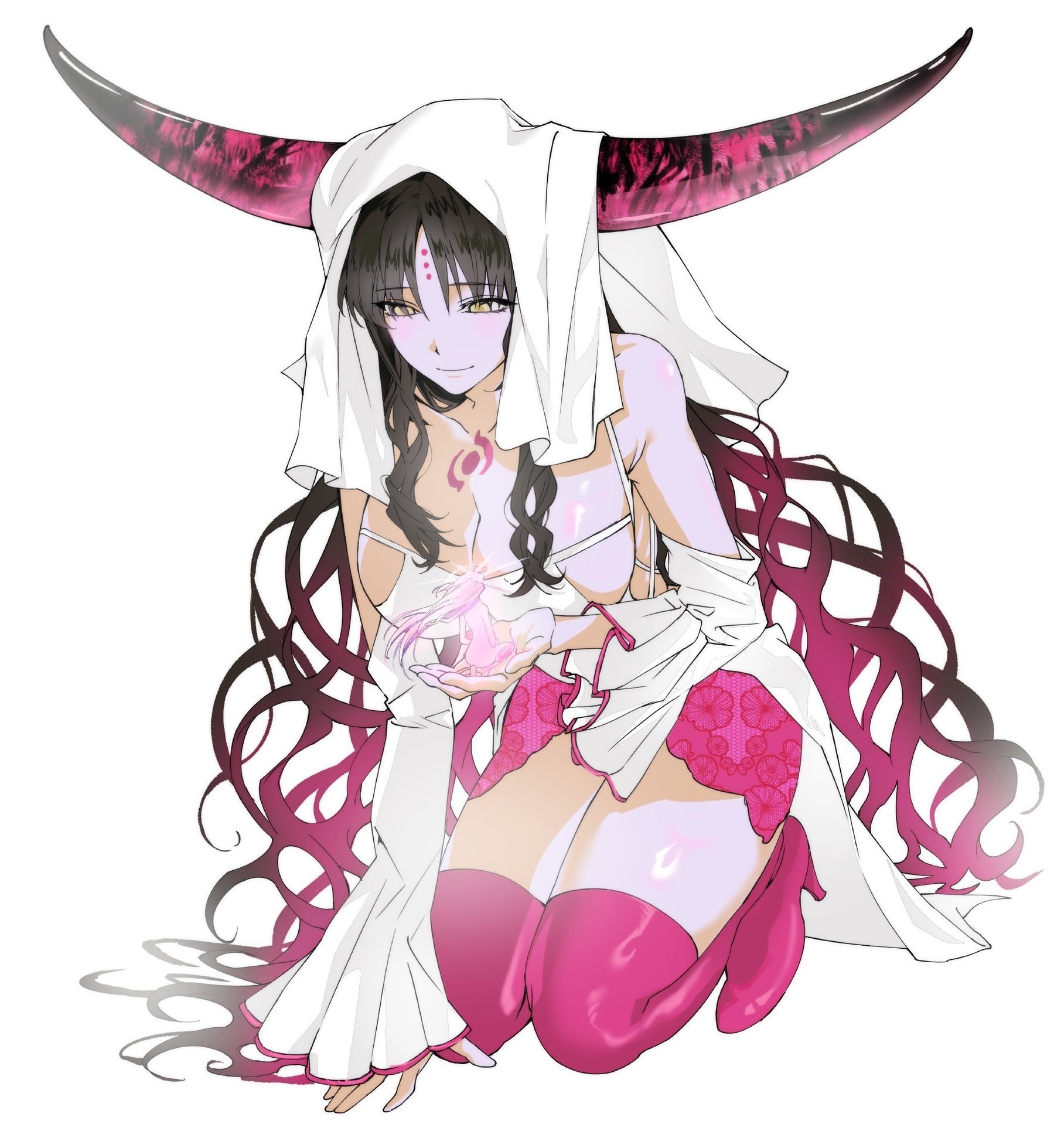 sessyoin kiara, fate/grand order, fate (series), character request, highres, 2girls, black hair, breasts, chest tattoo, cleavage, closed mouth, demon girl, demon horns, dress, erogurotang, facial mark, full body, horns, kneeling, large breasts, long hair, multiple girls, pink horns, pink thighhighs, revealing clothes, simple background, smile, tattoo, thighhighs, veil, white background, white dress, white veil, yellow eyes