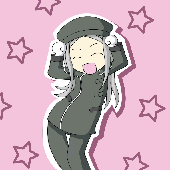 soma peries, gundam, gundam 00, 00s, 1girl, :d, ^ ^, caramelldansen, closed eyes, dancing, female focus, gloves, long sleeves, military, military uniform, open mouth, pink background, simple background, smile, solo, star (symbol), thigh gap, white gloves