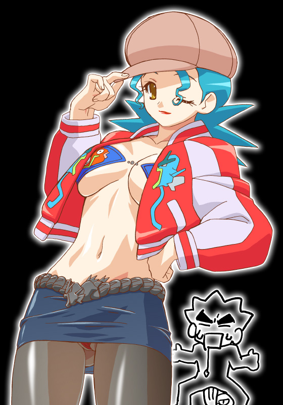 gambler club, brock (pokemon), croagunk, gyarados, jenny (pokemon), magikarp, nintendo, pokemon, pokemon (anime), 1boy, 1girl, bikini, bikini top only, black background, black pantyhose, blue hair, breasts, gen 1 pokemon, gen 4 pokemon, hand on own hip, hat, jacket, kanchou, large breasts, newsboy cap, one eye closed, panties, panties under pantyhose, pantyhose, pantyshot, pokemon (creature), simple background, standing, swimsuit, underboob, underwear, wink, yellow eyes