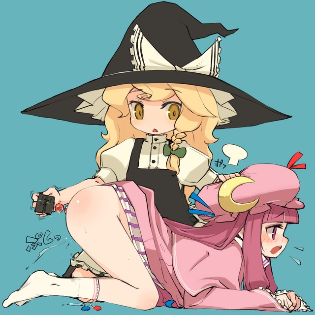 mota, kirisame marisa, patchouli knowledge, touhou, white legwear, 2girls, all fours, anal, anal beads, blonde hair, blush, bottomless, crescent, female ejaculation, female focus, hand on headwear, hat, multiple girls, pink eyes, pink hair, sex toy, socks, witch hat, yellow eyes, yuri