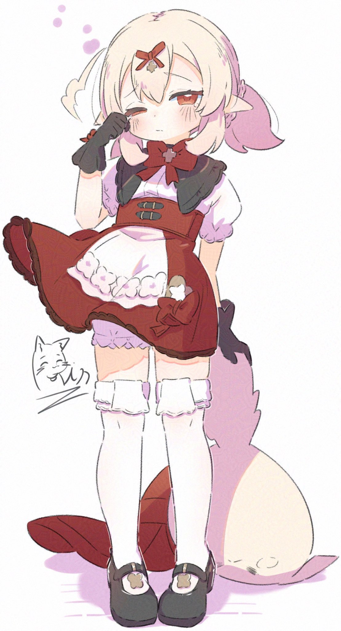 inaririn, klee (blossoming starlight) (genshin impact), klee (genshin impact), genshin impact, adversarial noise, highres, 1girl, ahoge, black gloves, blonde hair, bloomers, blush, bow, bowtie, closed mouth, dress, frills, full body, gloves, hair between eyes, hat, looking at viewer, low twintails, mary janes, official alternate costume, one eye closed, pointy ears, puffy short sleeves, puffy sleeves, red bow, red bowtie, red eyes, red skirt, rubbing eyes, shirt, shoes, short sleeves, short twintails, sidelocks, simple background, skirt, sleepy, solo, standing, thighhighs, twintails, underwear, unworn headwear, white background, white bloomers, white shirt, white thighhighs