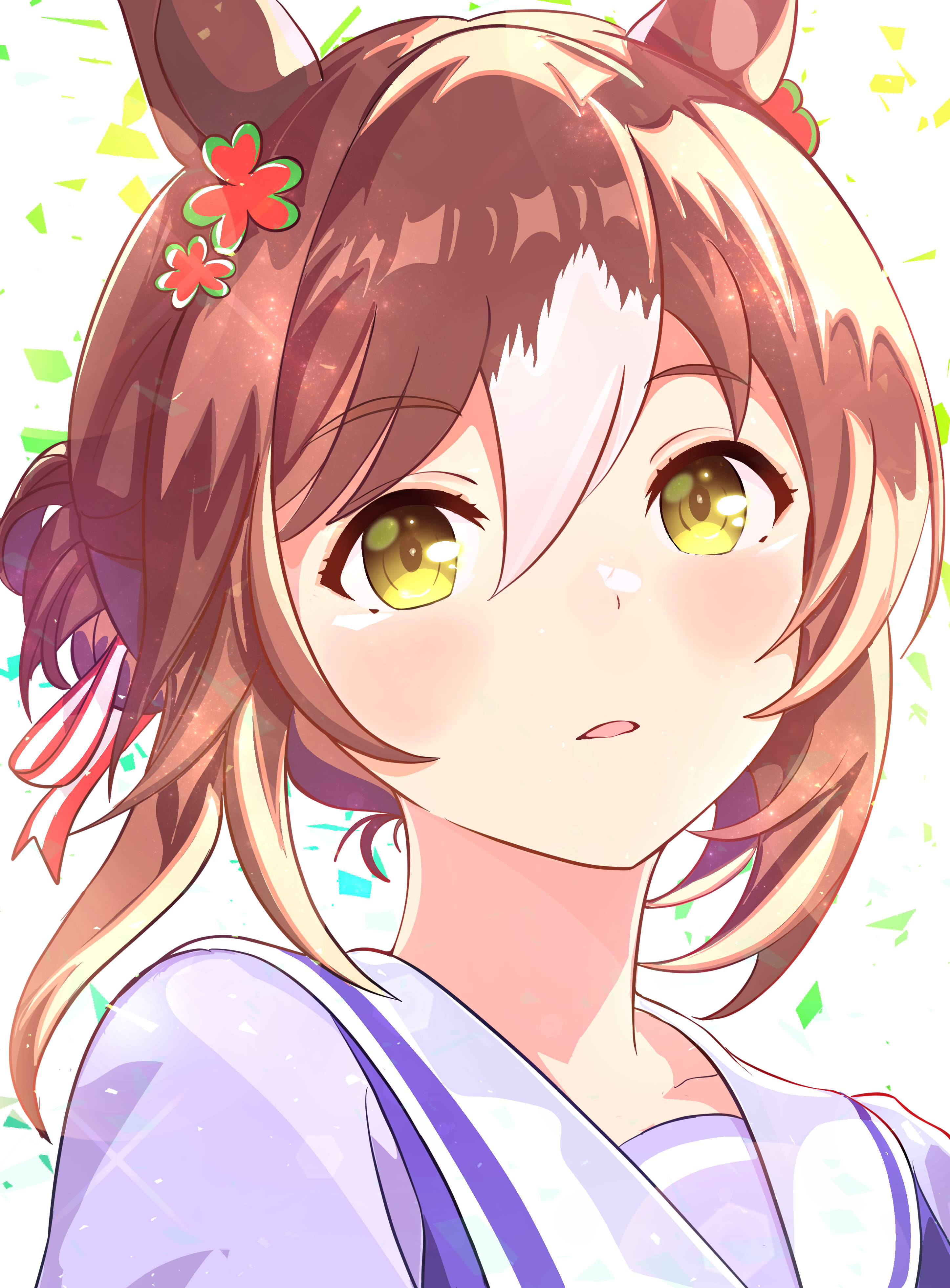 kanon (user rrhr4244), fine motion (umamusume), umamusume, absurdres, commentary, highres, 1girl, animal ears, blush, brown hair, hair between eyes, horse ears, horse girl, looking at viewer, multicolored hair, open mouth, portrait, purple shirt, sailor collar, school uniform, shirt, short hair, solo, tracen school uniform, two-tone hair, white hair, white sailor collar, yellow eyes