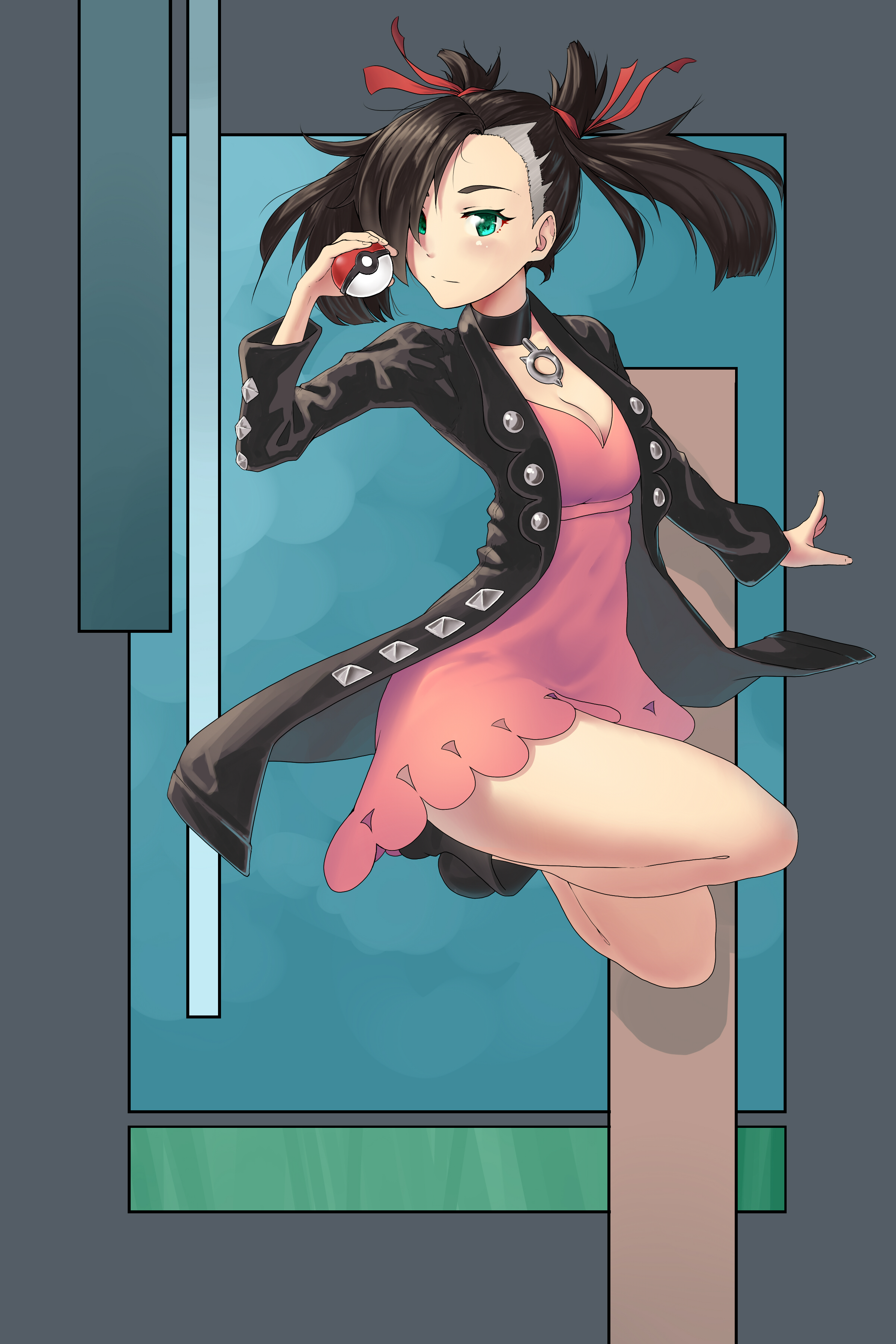 davvworlds, marnie (pokemon), nintendo, pokemon, pokemon swsh, absurdres, highres, 1girl, asymmetrical bangs, bare legs, black boots, black choker, black hair, black jacket, boots, breasts, choker, cleavage, closed mouth, dress, floating hair, full body, green eyes, hair ribbon, holding, holding poke ball, jacket, long hair, looking at viewer, medium breasts, open clothes, open jacket, pink dress, poke ball, poke ball (basic), red ribbon, ribbon, solo, thighs, twintails, undercut