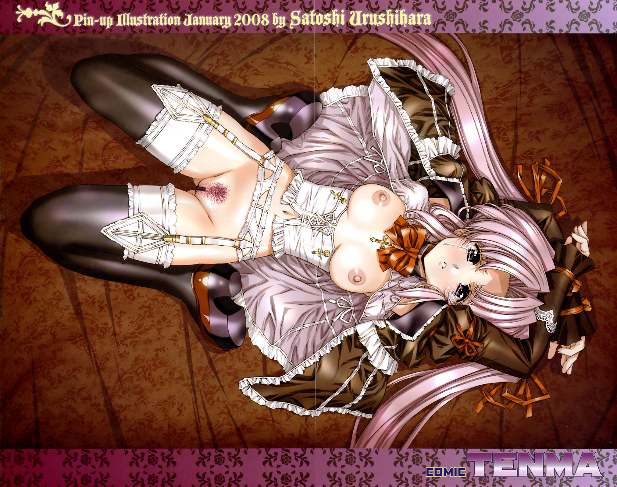 urushihara satoshi, highres, tagme, 1girl, breasts, censored, female focus, full body, long hair, navel, nipples, pussy, solo, tears, twintails, underwear