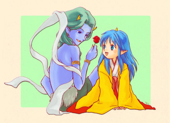 uninin (uni breath), ashura (momoden), ashura (rg veda), yashahime (momotarou densetsu), momotarou densetsu, 1boy, 1girl, blue hair, blue skin, colored skin, flower, horns, japanese clothes, pointy ears, rose, single horn