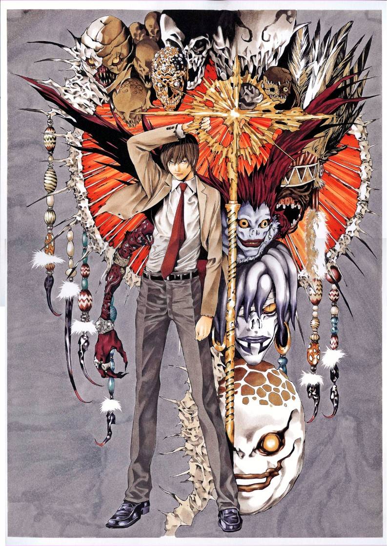 obata takeshi, rem (death note), ryuk, yagami light, death note, official art, 00s, 1boy, arm up, belt, bone, brown hair, buckle, full body, jacket, long sleeves, looking at viewer, monster, necktie, open clothes, open jacket, pants, red necktie, sharp teeth, shinigami, shirt, skull, standing, teeth, white shirt