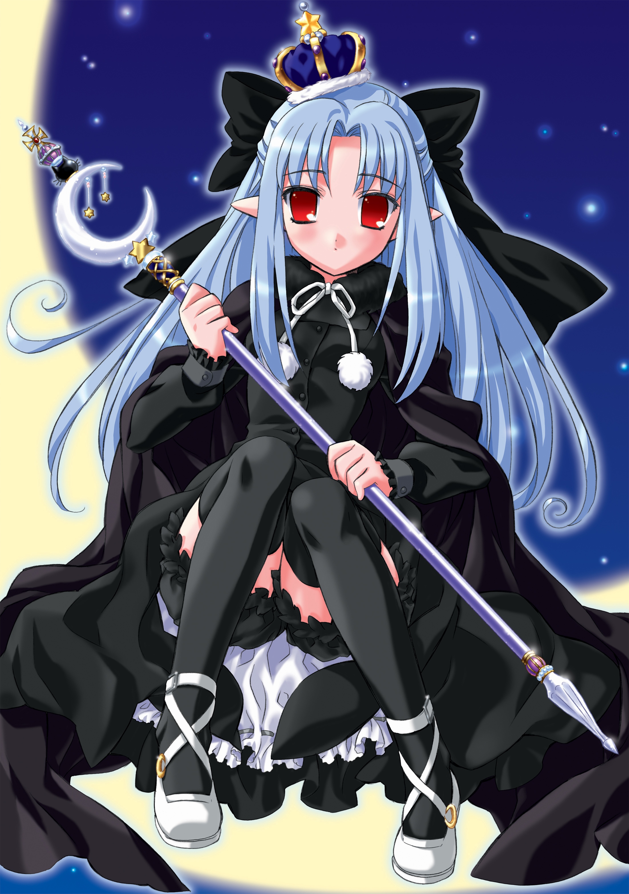 len (tsukihime), melty blood, tsukihime, type-moon, absurdres, highres, blue crown, blue hair, cosplay, crown, hat, pointy ears, red eyes, solo, staff, thighhighs