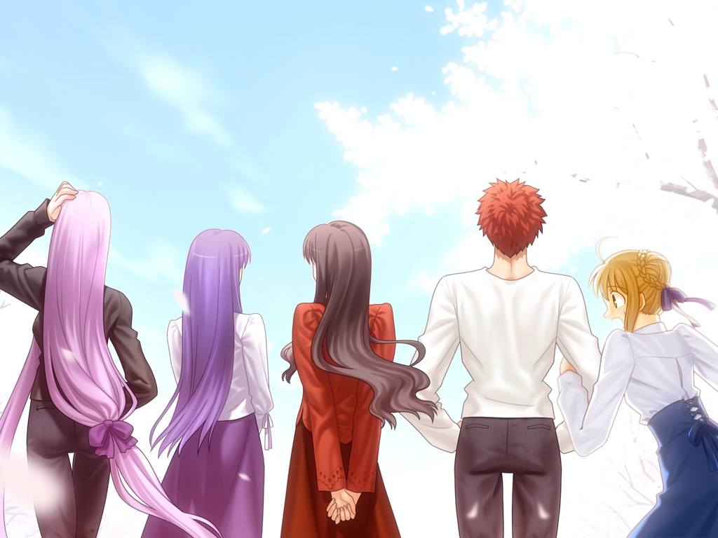 takeuchi takashi, artoria pendragon (fate), emiya shirou, matou sakura, medusa (fate), medusa (rider) (fate), saber (fate), tohsaka rin, fate/stay night, fate (series), heaven's feel, non-web source, third-party edit, 00s, 1boy, 4girls, back, everyone, long hair, low-tied long hair, multiple girls, official alternate costume, very long hair