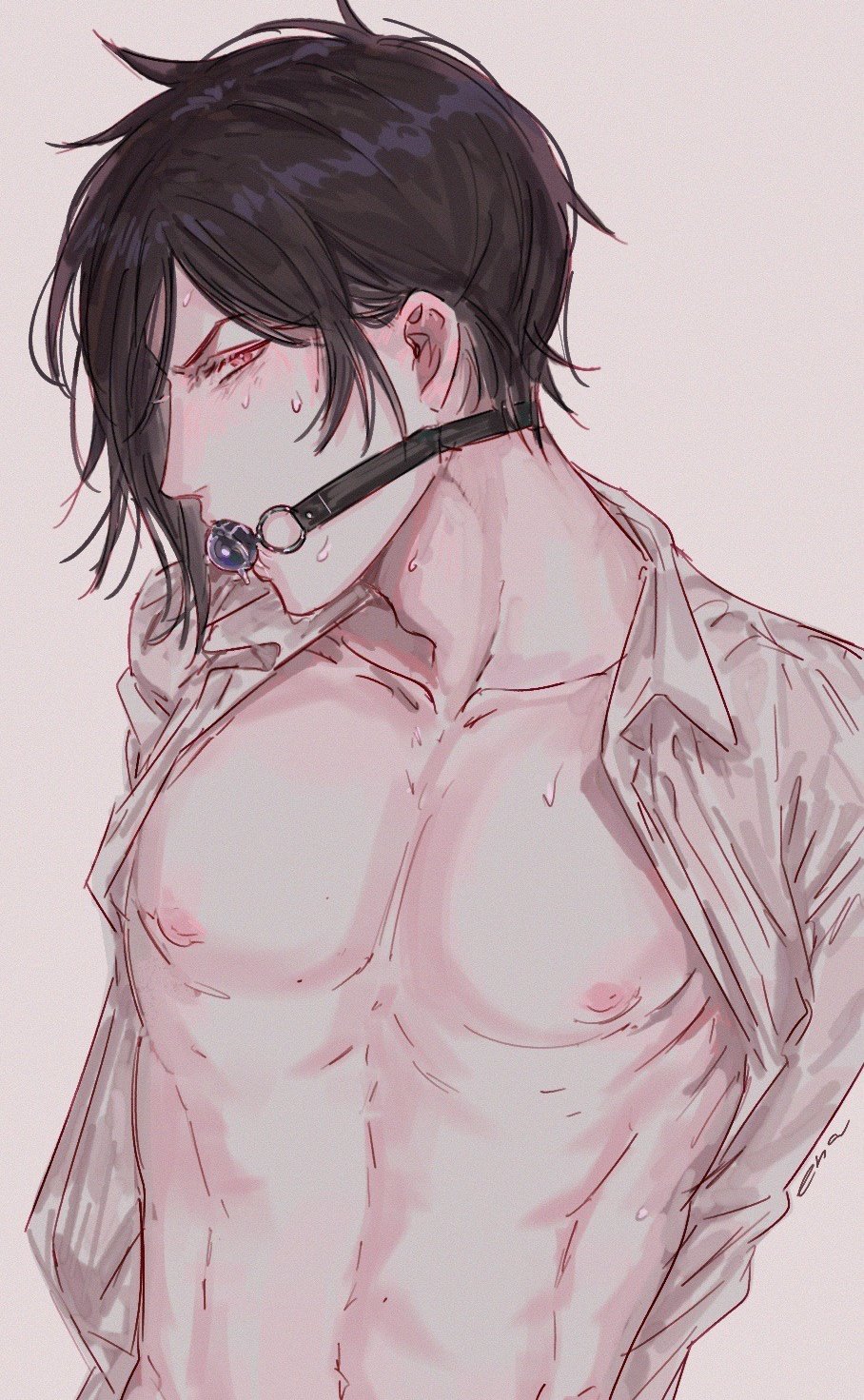 ena33333333, sebastian michaelis, kuroshitsuji, highres, 1boy, abs, ball gag, black hair, furrowed brow, gag, male focus, nipples, pectorals, red eyes, short hair, simple background, sweat, white background