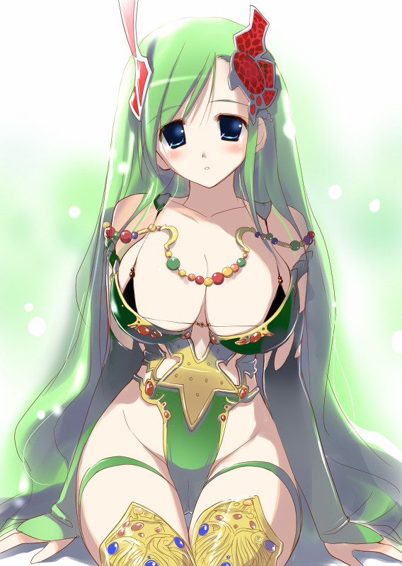 hima, rydia (adult) (ff4), rydia (ff4), final fantasy, final fantasy iv, final fantasy iv: the after years, 1990s (style), 1girl, aged up, bare shoulders, bikini, bikini top only, blue eyes, blush, breasts, bridal gauntlets, cameltoe, cleavage, collarbone, elbow gloves, female focus, gloves, green bikini, green hair, groin, hair ornament, huge breasts, jewelry, kneehighs, large breasts, legs, leotard, long hair, looking at viewer, retro artstyle, revealing clothes, sitting, socks, solo, swimsuit, thigh strap, thighs, very long hair