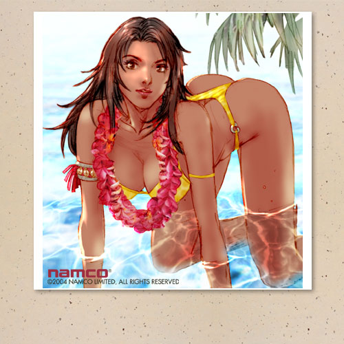 kawano takuji, christie monteiro, namco, tekken, lowres, official art, 1girl, bikini, brazil, breasts, cleavage, dark skin, large breasts, long hair, swimsuit, water, yellow bikini
