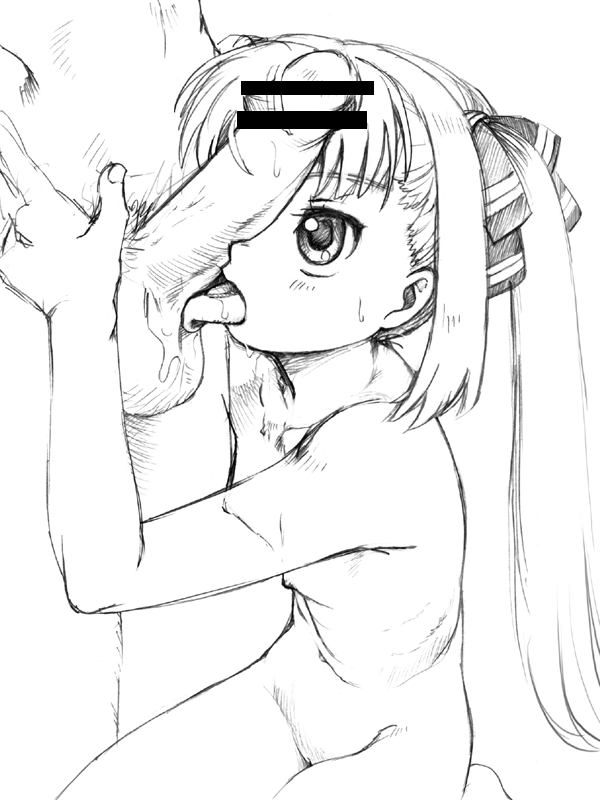 fuji shinobu, kooh (pangya), pangya, 1boy, 1girl, age difference, bar censor, blush, breasts, censored, cleft of venus, erection, fellatio, flat chest, greyscale, groin, hair ribbon, hetero, licking, licking testicle, loli, monochrome, navel, nipples, nude, oral, penis, penis on face, penis over one eye, ribbon, saliva, seiza, simple background, sitting, small breasts, small nipples, solo focus, sweat, testicles, tongue, tongue out, twintails, white background
