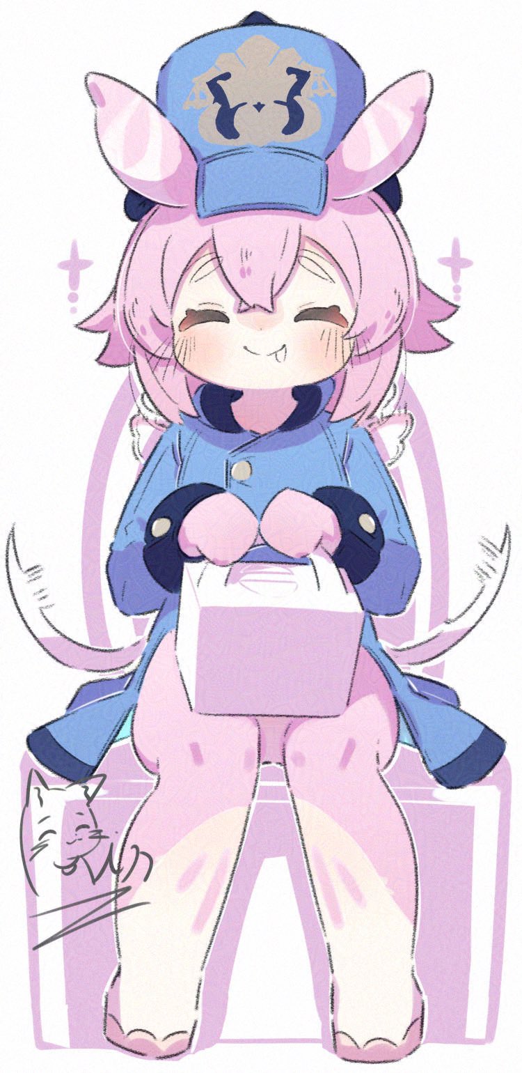 inaririn, blathine (genshin impact), melusine (genshin impact), genshin impact, adversarial noise, highres, 1girl, ^ ^, animal ears, blue coat, blue jacket, blush, cat, closed eyes, closed mouth, coat, crossed bangs, facing viewer, fang, full body, hair between eyes, hat, holding, jacket, long sleeves, pink fur, pink hair, signature, simple background, sitting, smile, solo, tail, white background