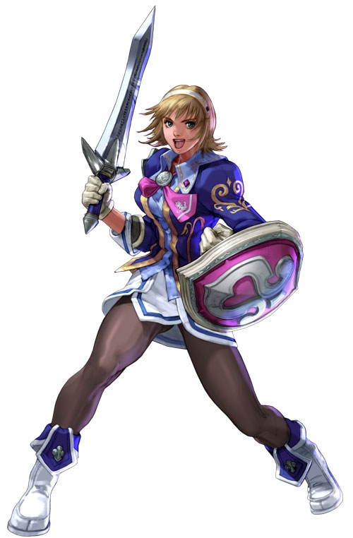 kawano takuji, cassandra alexandra, soul calibur, soulcalibur, soulcalibur iii, official art, 1girl, female focus, necktie, pantyhose, pink necktie, shield, solo, sword, weapon