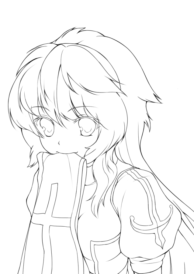 akamaru, ragnarok online, eyebrows, 1girl, blush, closed mouth, female focus, greyscale, lineart, long hair, looking at viewer, monochrome, mouth hold, puffy short sleeves, puffy sleeves, short sleeves, simple background, smile, solo, sweatdrop, towel, upper body, white background