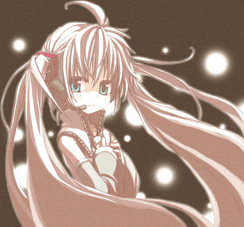 kuro (kuroneko no kanzume), hatsune miku, vocaloid, 1girl, ahoge, black background, blush, detached sleeves, female focus, floating hair, hands on own chest, headgear, long hair, long sleeves, looking at viewer, monochrome, simple background, solo, twintails, upper body, very long hair, wind