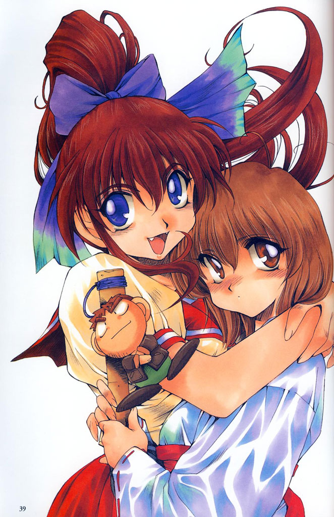 inoue sora, mitsurugi ryouko, onizuka miyuki, real bout high school, artbook, 2girls, blue eyes, blush, bokken, bow, brown eyes, brown hair, character doll, doll, fang, hair bow, height difference, holding, hug, japanese clothes, katana, long hair, looking at viewer, miko, multiple girls, nose blush, open mouth, ponytail, red hair, ribbon, ribbon-trimmed sleeves, ribbon trim, school uniform, serafuku, short hair, smile, sword, weapon, wooden sword
