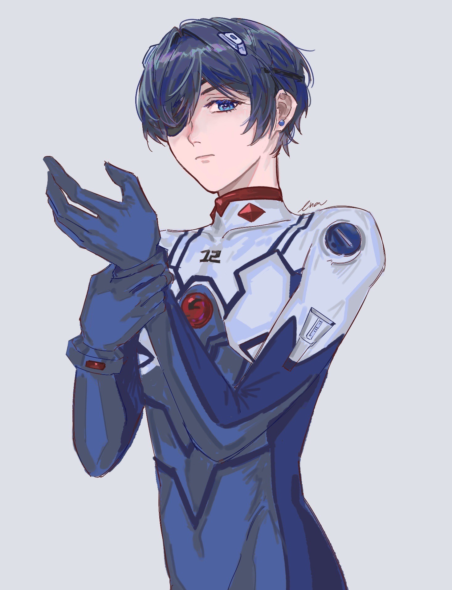 ena33333333, ciel phantomhive, ikari shinji, kuroshitsuji, neon genesis evangelion, highres, 1boy, bishounen, blue bodysuit, blue eyes, blue hair, bodysuit, closed mouth, cosplay, earrings, eyepatch, gloves, ikari shinji (cosplay), jewelry, male focus, mecha pilot suit, multicolored bodysuit, plugsuit (evangelion), short hair