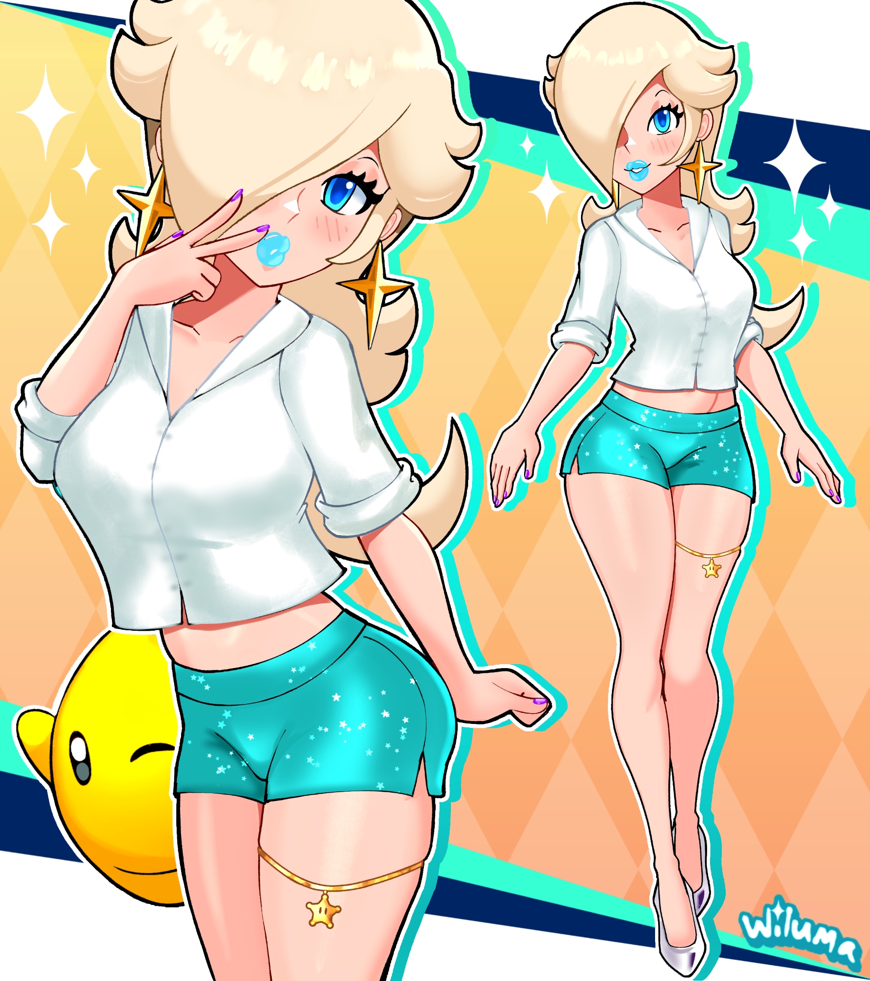 luma (mario), rosalina, mario (series), mario kart, nintendo, super mario galaxy, highres, 1girl, aran shorts, blonde hair, blue eyes, blue lips, earrings, hair over one eye, jewelry, long hair, shirt, shoes, star (symbol), star earrings, white shirt, white shoes
