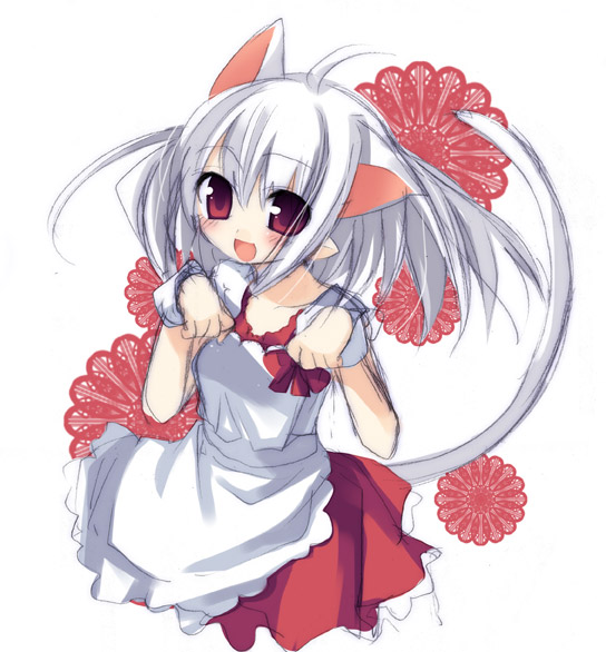 sazaki ichiri, original, 1girl, :d, ahoge, animal ears, apron, blush, cat ears, collarbone, cowboy shot, female focus, long hair, looking at viewer, open mouth, paw pose, red eyes, red skirt, skirt, smile, solo, tareme, very long hair, wrist cuffs