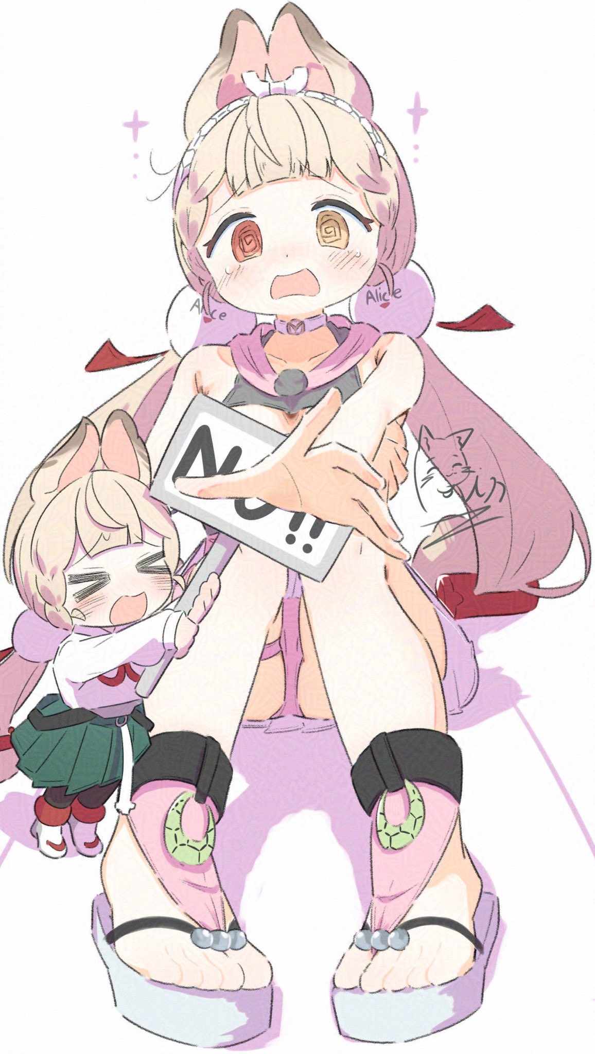 inaririn, alice thymefield, alice thymefield (sea of thyme), zenless zone zero, adversarial noise, highres, > <, 1girl, @ @, animal ears, blonde hair, blush, choker, collar, full body, green skirt, heterochromia, holding, long hair, looking at viewer, low twintails, multiple girls, open mouth, pink choker, red eyes, sandals, shirt, signature, simple background, sitting, skirt, sparkle, twintails, white background, white shirt