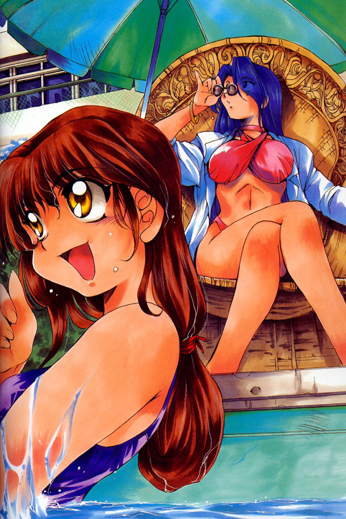 inoue sora, hishinuma nanako, mitsurugi ryouko, yuuki hitomi, real bout high school, artbook, scan, scan artifacts, 2girls, adjusting eyewear, beach umbrella, bikini, blue hair, blush, bracelet, breasts, brown eyes, brown hair, chain-link fence, chair, choker, criss-cross halter, crossed legs, fence, glasses, hair over one eye, halterneck, holding, holding removed eyewear, jewelry, large breasts, long hair, multiple girls, navel, no eyewear, one-piece swimsuit, open mouth, outdoors, pince-nez, ponytail, pool, poolside, school, school swimsuit, sitting, sunglasses, swimsuit, umbrella, unworn eyewear, water, yellow eyes
