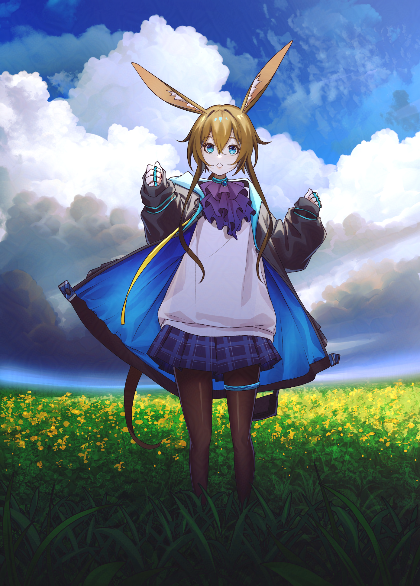 ev-oo, amiya (arknights), arknights, highres, 1girl, animal ears, ascot, black jacket, black pantyhose, blue ascot, blue eyes, blue skirt, brown hair, cloud, cloudy sky, flower, glass, hair between eyes, hood, horizon, jacket, jewelry, long hair, long sidelocks, long sleeves, looking at viewer, open clothes, pantyhose, plaid clothes, plaid skirt, ponytail, rabbit ears, rabbit girl, ring, scenery, shirt, shoes, sidelocks, skirt, sky, smile, solo, standing, white shirt, yellow flower