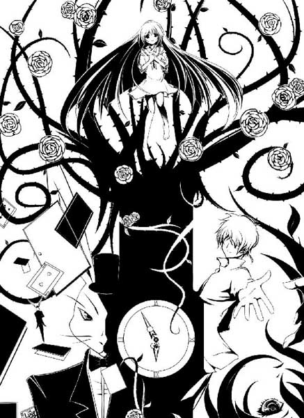 laplace's demon (rozen maiden), laplace no ma, suiseiseki, rozen maiden, 00s, card, clock, door, flower, monochrome, plant, rose, thorns, vines