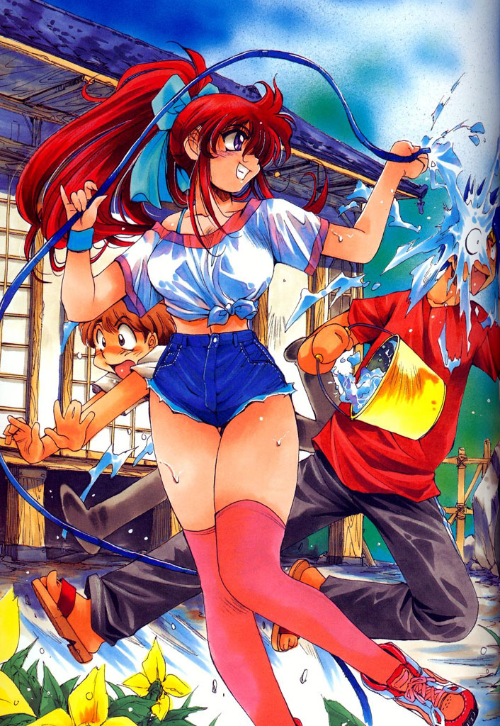 inoue sora, kamiya daisaku, kusanagi shizuma, mitsurugi ryouko, real bout high school, 1girl, 2boys, denim, denim shorts, front-tie top, hose, midriff, multiple boys, ribbon, shorts, thighhighs, water