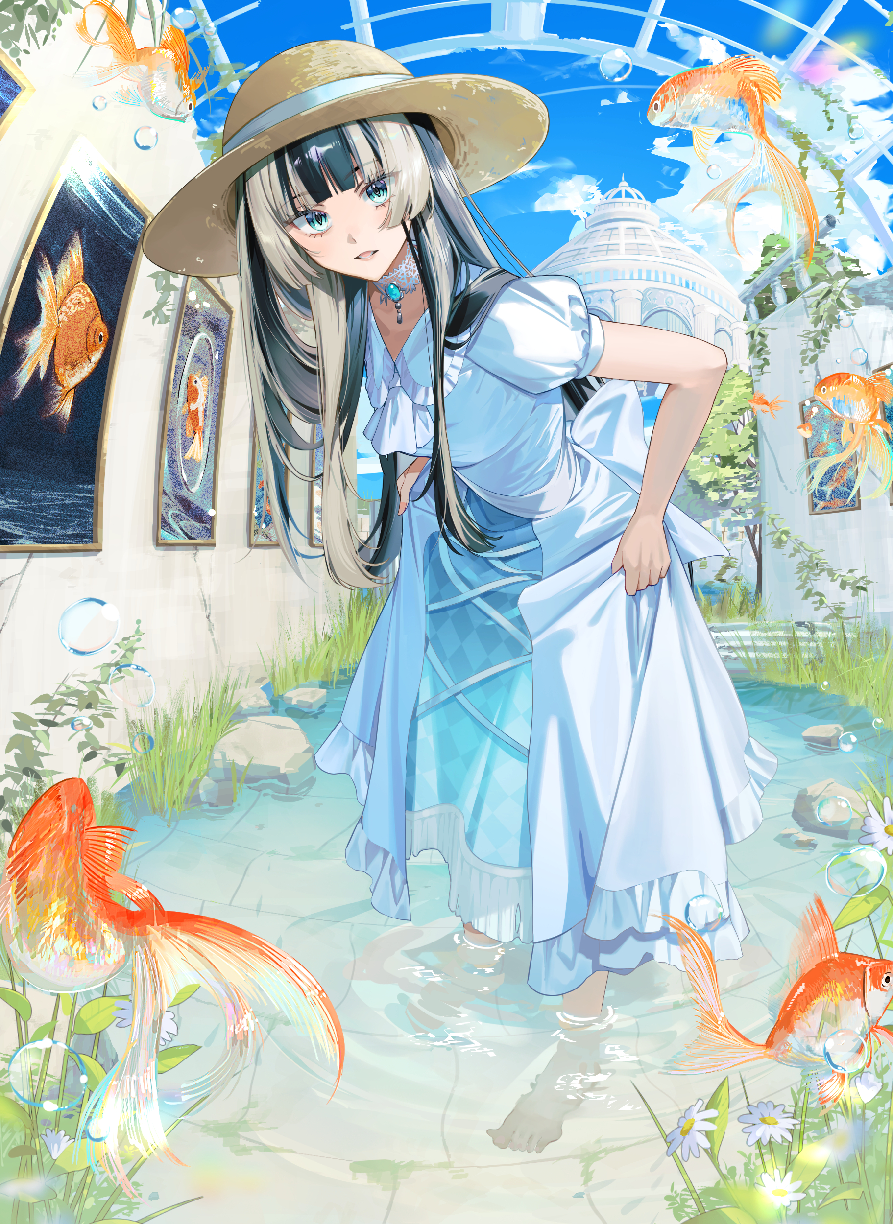 amesui, juufuutei raden, hololive, hololive dev is, absurdres, commentary request, highres, 1girl, black hair, blue eyes, blunt bangs, choker, cross-laced clothes, cross-laced dress, dress, fish, frilled dress, frills, goldfish, grey hair, hat, hime cut, lace, lace choker, long hair, looking at viewer, multicolored hair, open mouth, puffy short sleeves, puffy sleeves, short sleeves, skirt hold, solo, standing, straight hair, straw hat, streaked hair, sun hat, two-tone hair, virtual youtuber, wading, white choker, white dress