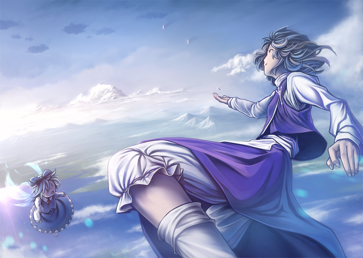 lain, cirno, letty whiterock, touhou, 2girls, cloud, female focus, flying, hair ribbon, landscape, mountain, multiple girls, outstretched hand, petals, ribbon, wings, | |