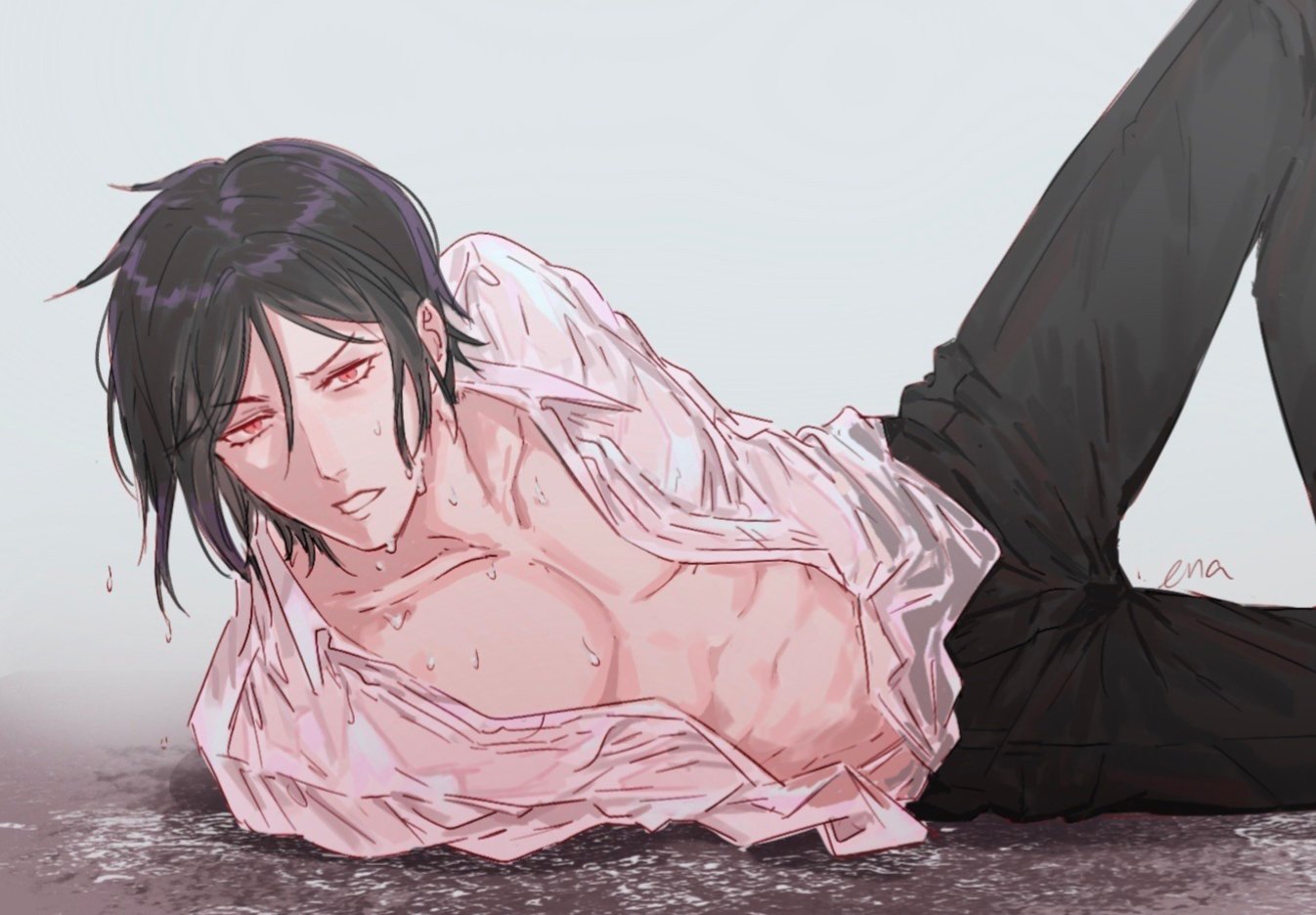 ena33333333, sebastian michaelis, kuroshitsuji, black hair, hair between eyes, looking at viewer, male focus, red eyes, shirt, short hair, wet, wet clothes, wet hair, wet shirt