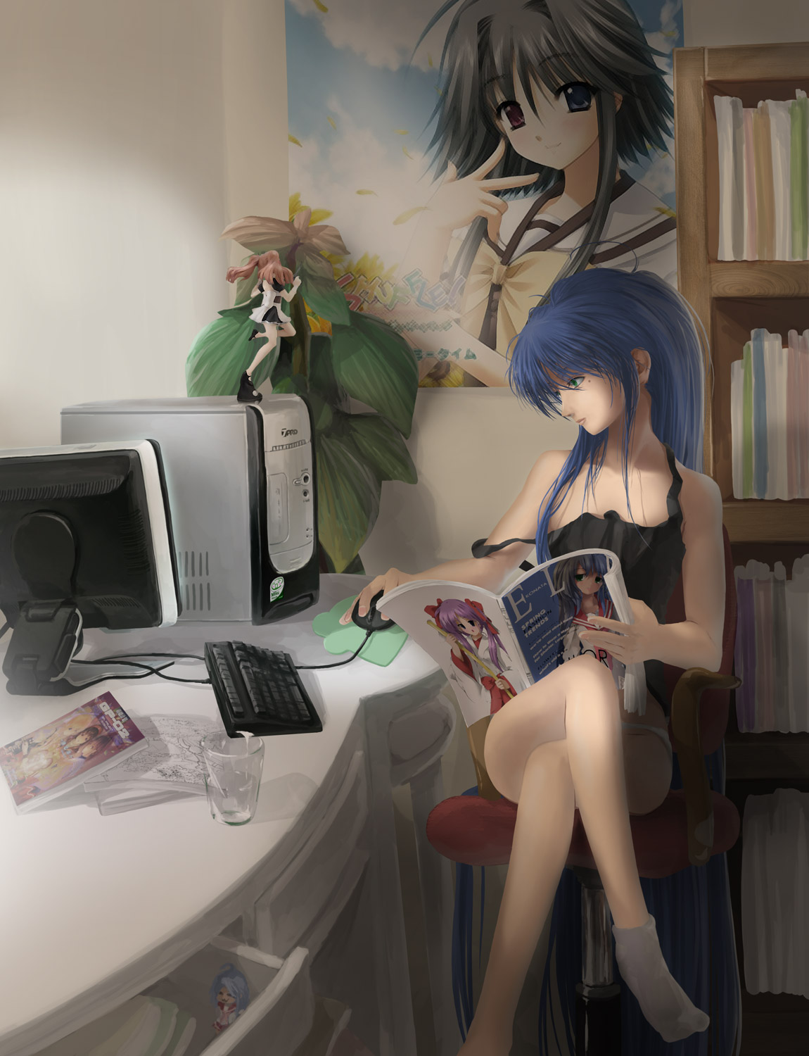 sakura sora, asahina mikuru, hiiragi kagami, izumi konata, mayumi thyme, lucky star, shuffle!, suzumiya haruhi no yuuutsu, bad id, bad pixiv id, highres, 00s, 1girl, bare shoulders, blue hair, book, bookshelf, cameo, chair, computer, computer keyboard, computer mouse, crossed legs, female focus, figure, glass, green eyes, heterochromia, legs, long hair, mole, mole under eye, monitor, office chair, otaku room, panties, plant, potted plant, realistic, sitting, socks, solo, strap slip, swivel chair, underwear