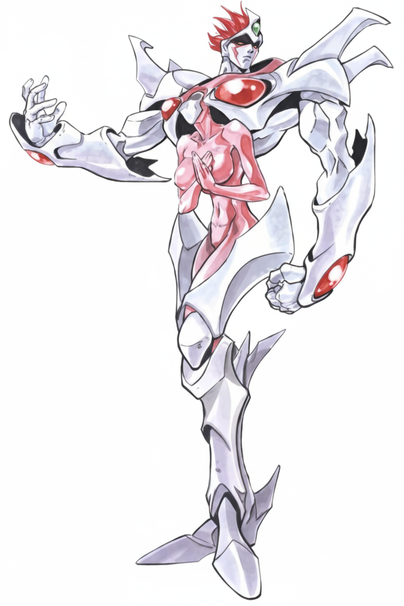 oobari masami, asahina ryo, asahina suzu, platonic twins, choujin gakuen gowcaizer, official art, 1990s (style), 1995, chimerism, fire hair, fusion, merging bodies, orb, retro artstyle