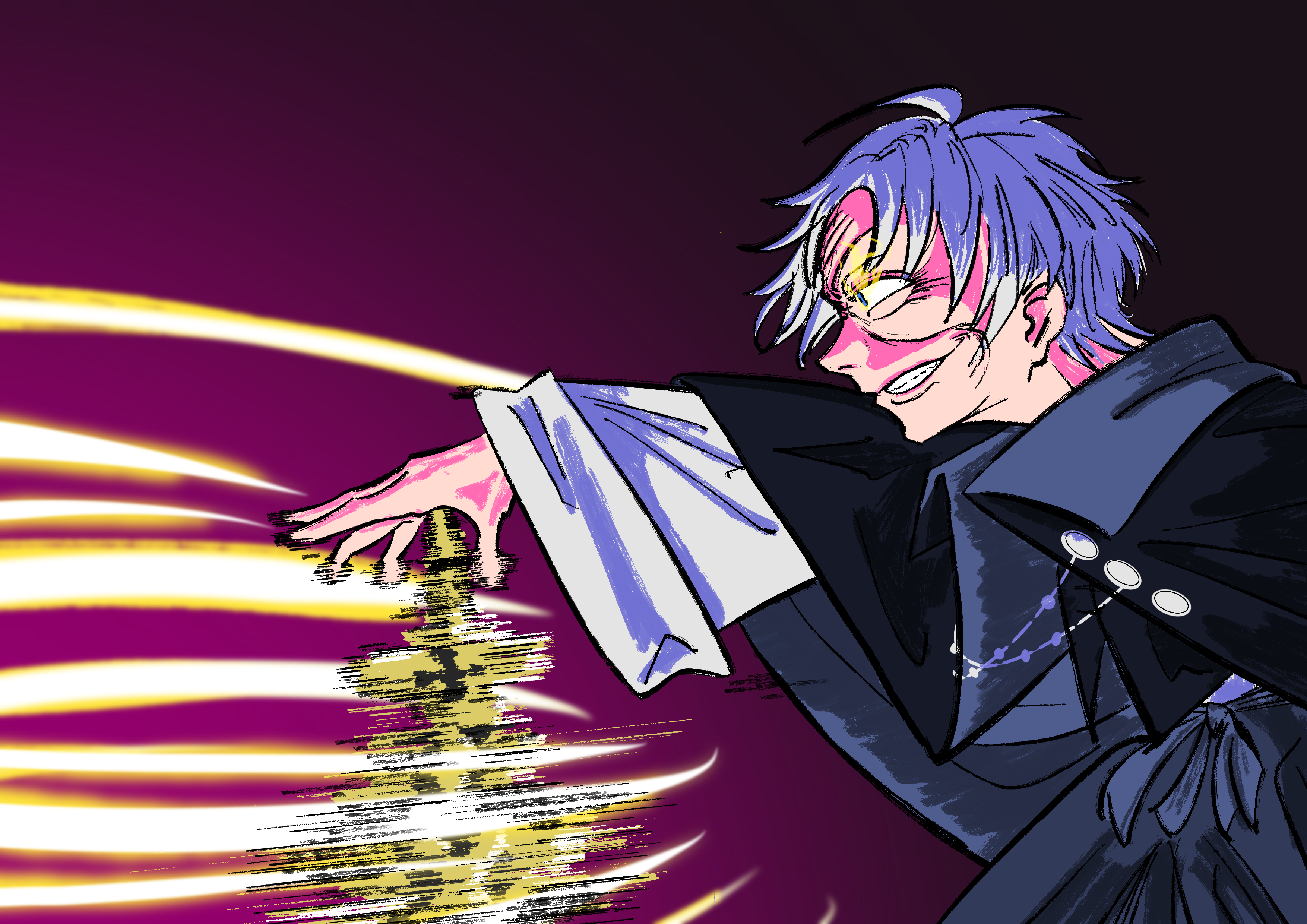 timushokutensei, mushoku tensei, absurdres, highres, 1girl, ahoge, evil smile, fighting, golden sword, holding, holding weapon, old, old woman, pixie cut, reida reia, smile, sword, weapon, white hair