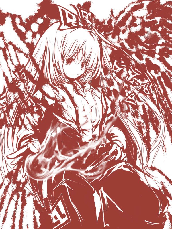 sanoharu, fujiwara no mokou, touhou, bad id, bad pixiv id, 1girl, female focus, monochrome, red theme, solo, suspenders