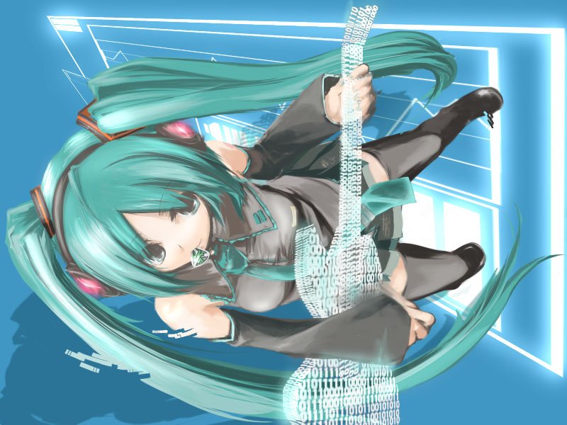 sanoharu, hatsune miku, vocaloid, bad id, bad pixiv id, 1girl, aqua hair, female focus, guitar, instrument, long hair, necktie, plectrum, solo, thighhighs, twintails, very long hair