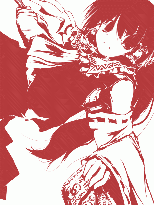 sanoharu, hakurei reimu, touhou, bad id, bad pixiv id, 1girl, detached sleeves, female focus, monochrome, red theme, skirt, solo, white background