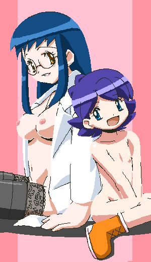 gambler club, crystal (pokemon ss15), dora (pokemon), nintendo, pokemon, character request, 2girls, blue eyes, blue hair, breasts, brown eyes, glasses, lab coat, loli, multiple girls, navel, nipples, oekaki, purple hair, siblings, sisters, small breasts, smile